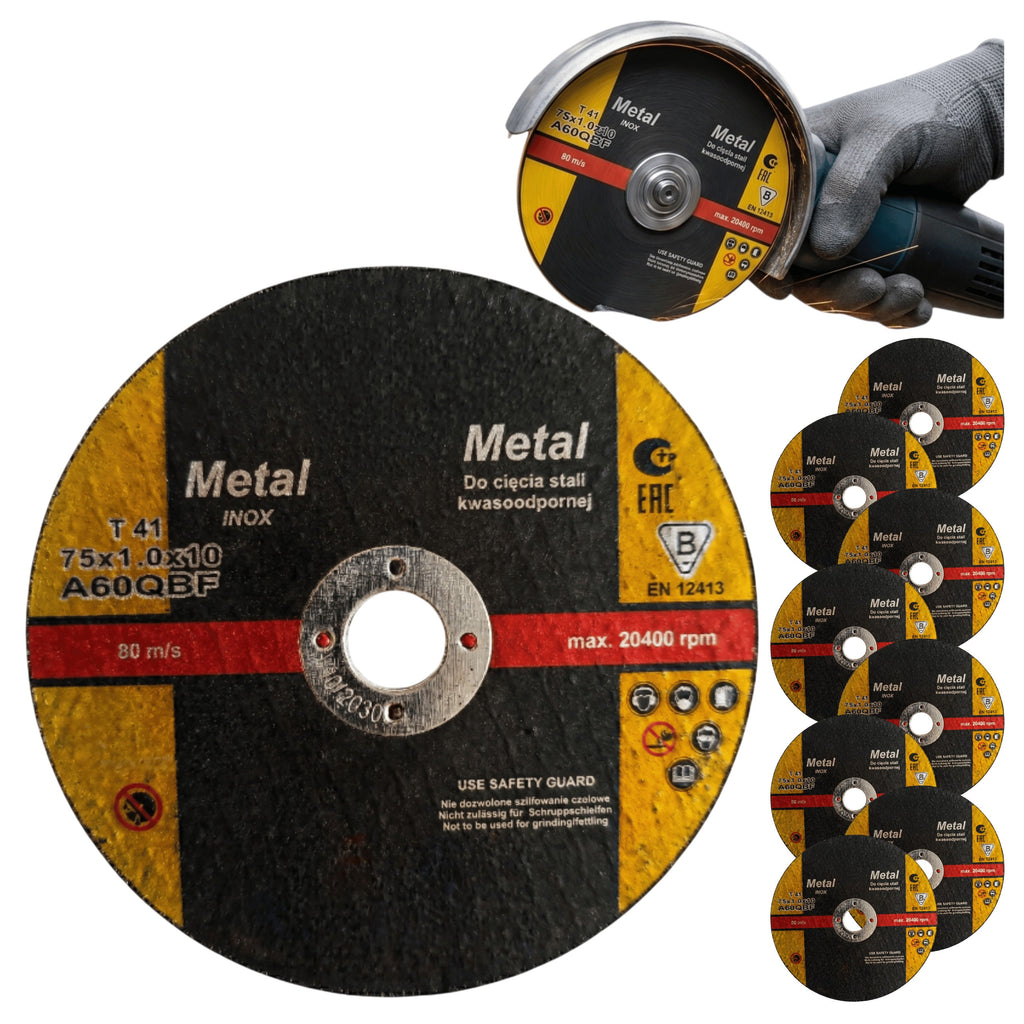 Tarcza Do Cięcia Stali 75mm 10szt Kwasoodpornej INOX Metalu Otwór 10mm