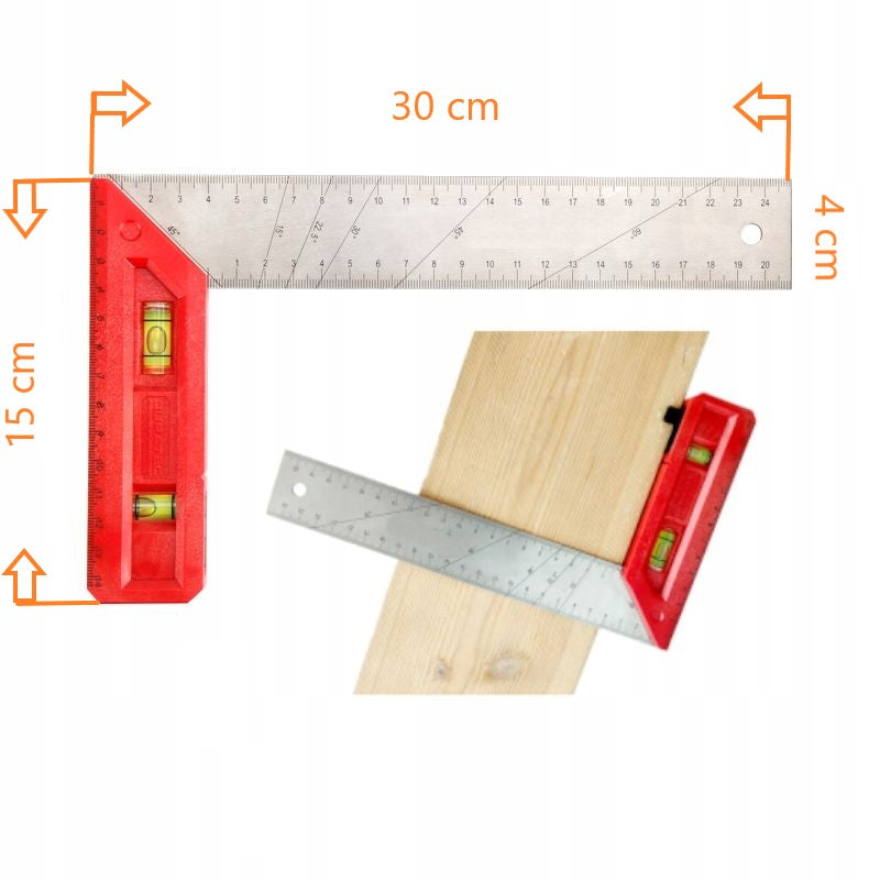 PROFESJONALNY KĄTOWNIK ALUMINIOWY STOLARSKI Z POZIOMICĄ 30cm